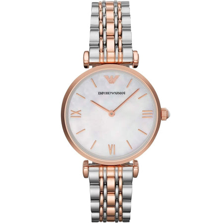 Front view of Emporio Armani AR1683 ladies’ watch featuring mother of pearl dial