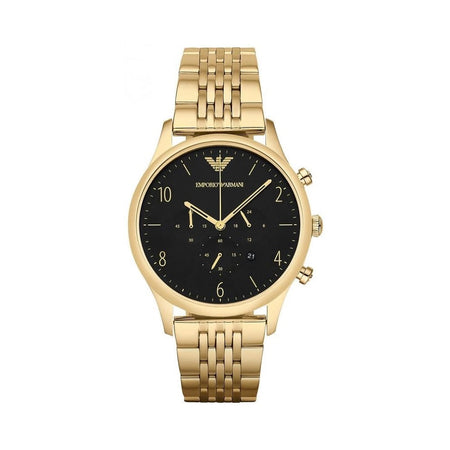 Front view of Emporio Armani AR1893 with gold stainless steel strap and bold black dial