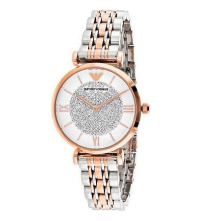 Front view of Emporio Armani AR1926 with elegant two-tone strap and crystal-accented white dial