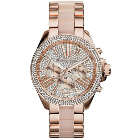 Front view of Michael Kors MK6096 women's rose gold watch with sparkling crystal dial