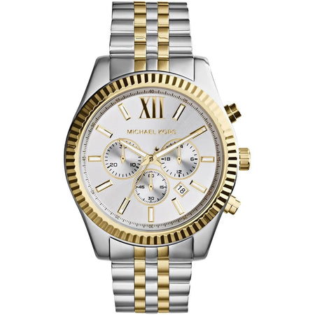 Front view of Michael Kors MK8344 men's watch with two-tone silver and gold strap and silver dial