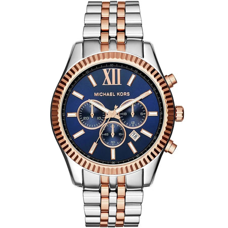 Front view of Michael Kors MK8412 men's watch with blue dial and two-tone silver-rose gold strap