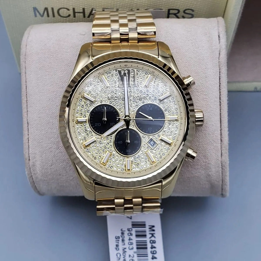 Front view of Michael Kors MK8494 men's gold watch with pavé crystal dial