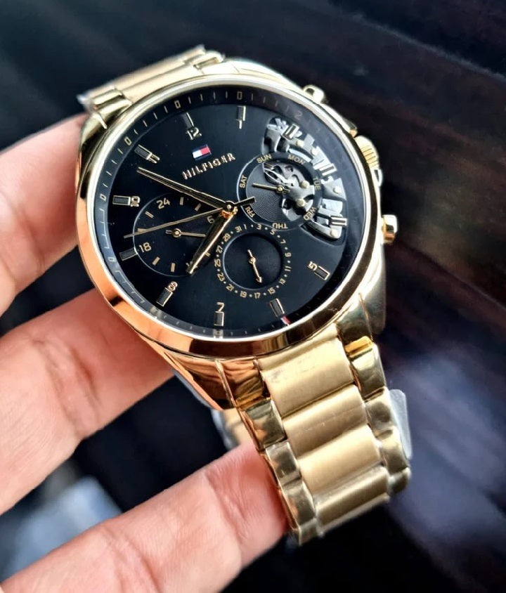 Tommy Hilfiger 1710447 Gold Stainless Steel Strap With Black Dial Watch For Men