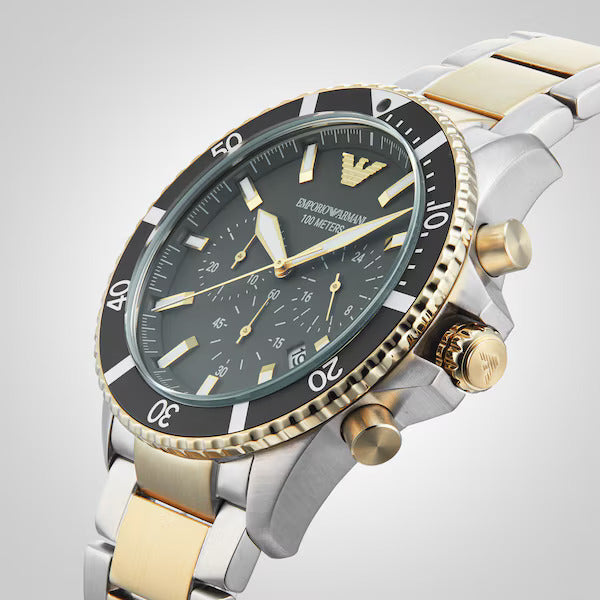 Emporio Armani Ar11361 Gold & Silver Stainless Steel Strap With Green Dial Watch For Men