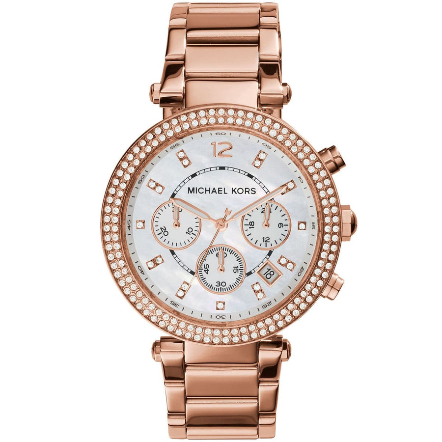 Front view of Michael Kors MK5491 showcasing rose gold case and shimmering mother of pearl dial