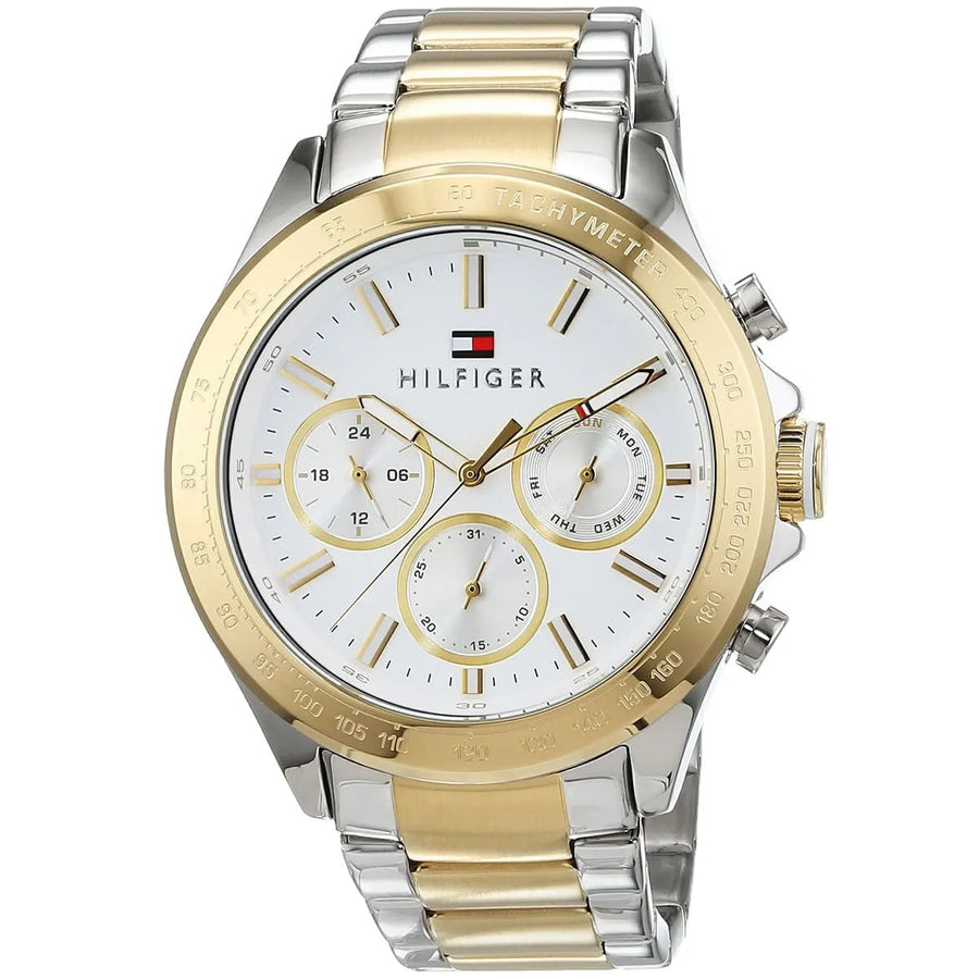 Front view of Tommy Hilfiger 1791226 men's two-tone silver and gold watch with white dial