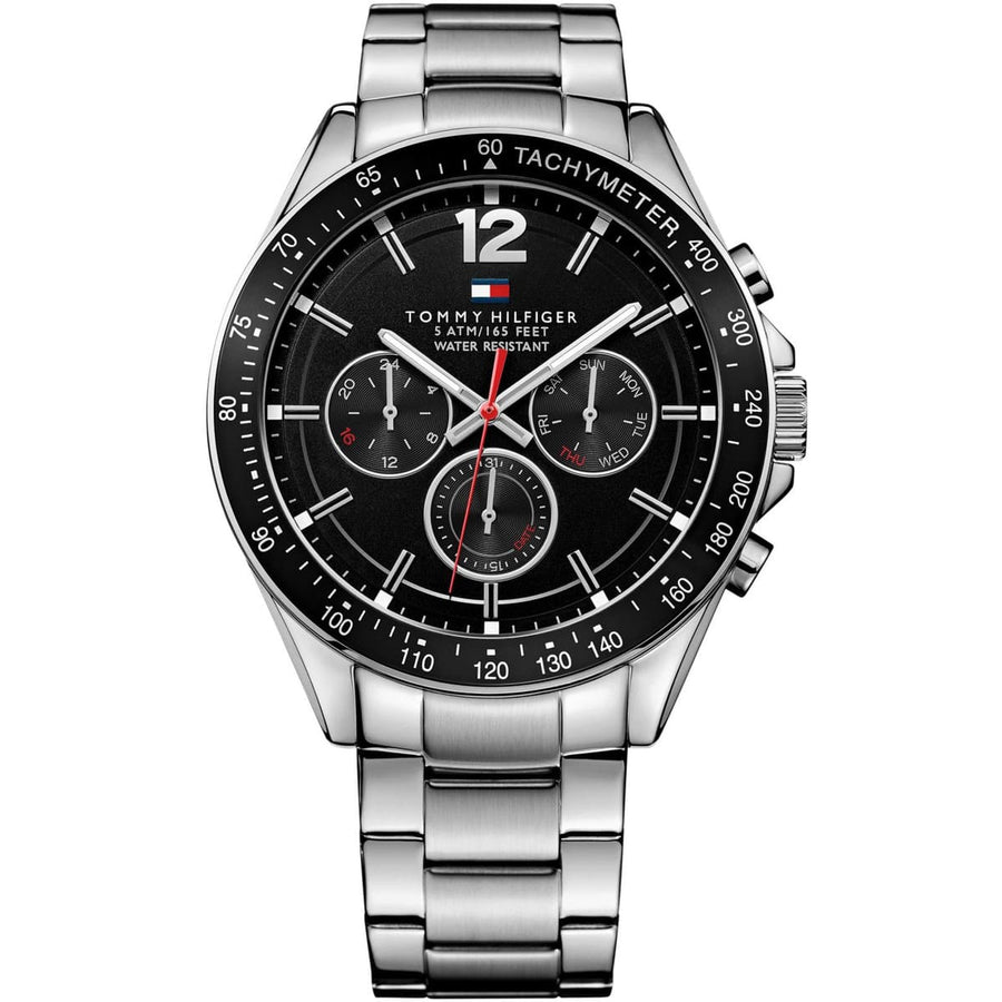 Front view of Tommy Hilfiger 1791104 men's watch with black dial and silver strap