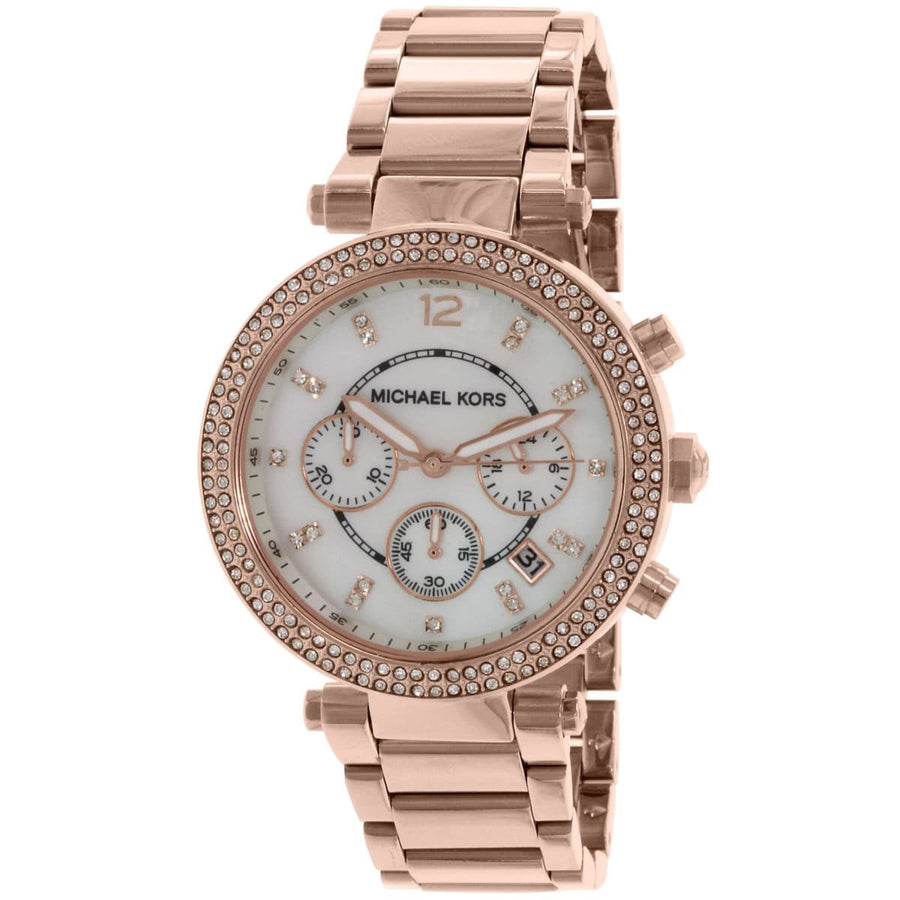 Front view of Michael Kors MK5491 showcasing rose gold case and shimmering mother of pearl dial