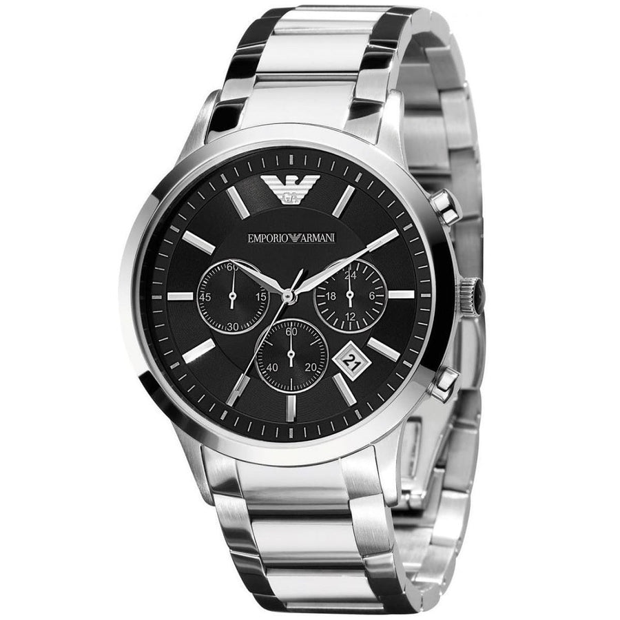 Front view of Emporio Armani AR2434 Renato with black dial and polished silver case