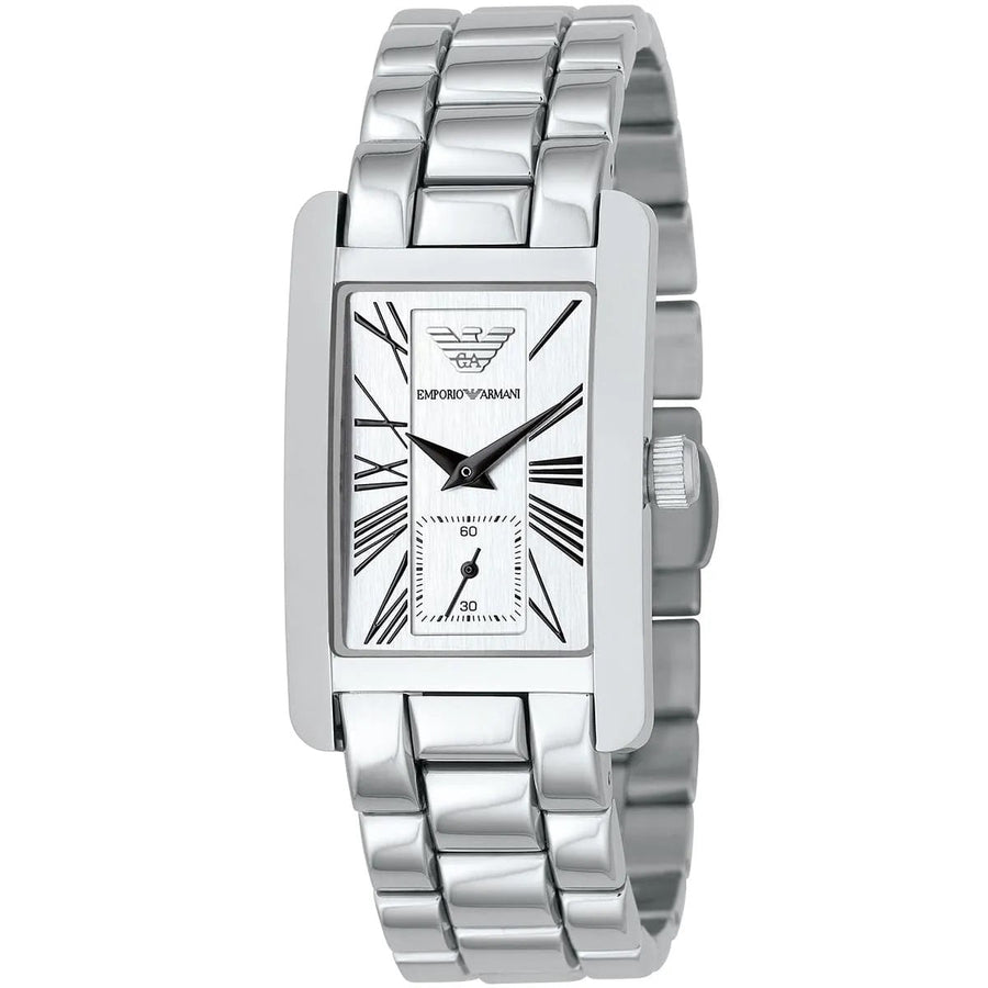Front view of Emporio Armani AR0146 women’s stainless steel silver watch with white dial and classic design