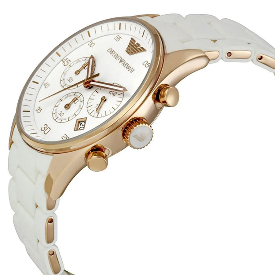 Front view of Emporio Armani AR5919 Sportivo men’s watch with white silicone strap and gold case