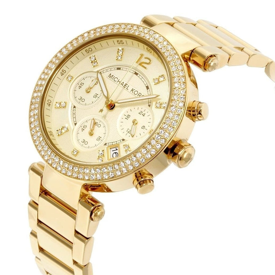 Front view of Michael Kors MK5354 with gold-tone dial and stainless steel bracelet