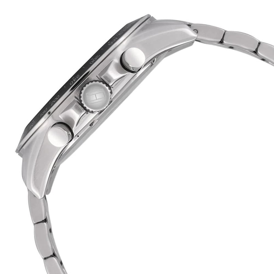 Front view of Tommy Hilfiger 1791104 men's watch with black dial and silver strap