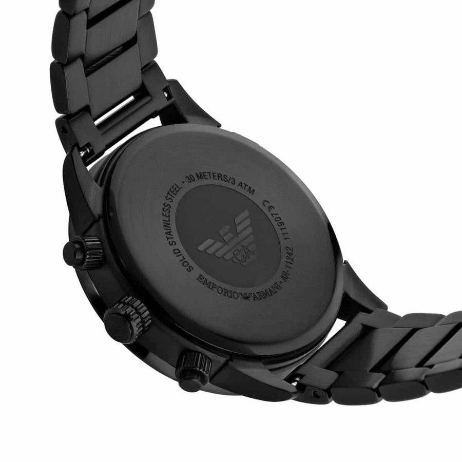 Front view of Emporio Armani AR11242 with black dial and stainless steel bracelet
