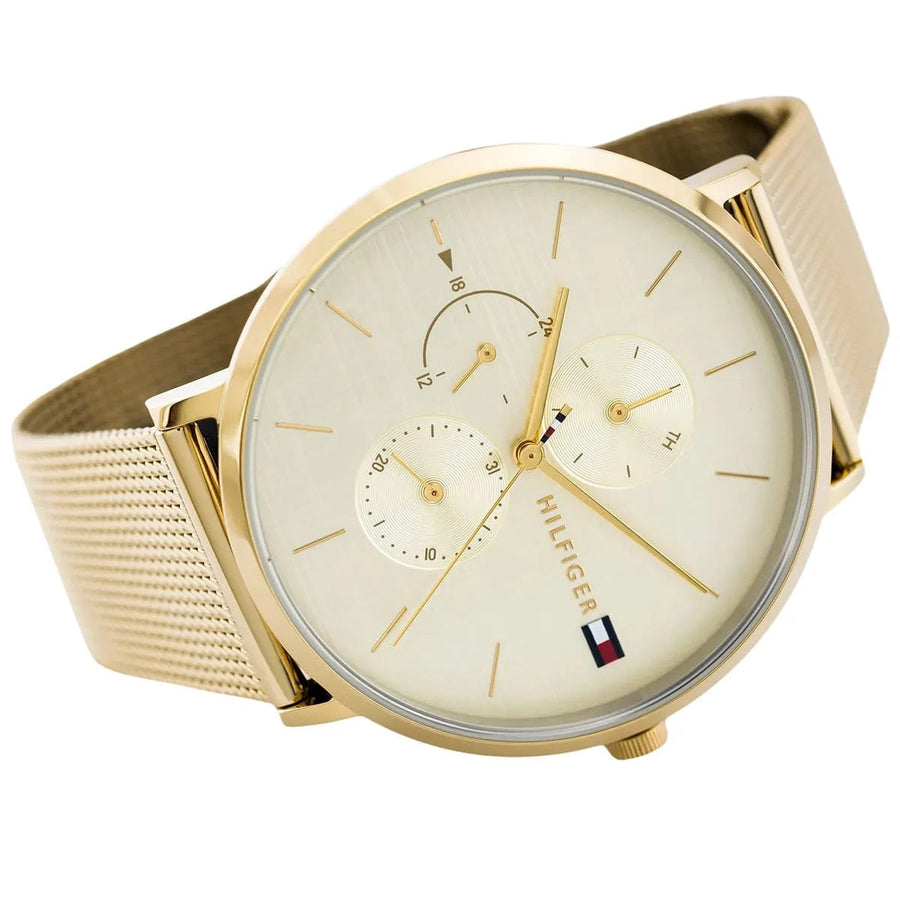 Front view of Tommy Hilfiger 1781943 women's watch with gold mesh strap and gold dial