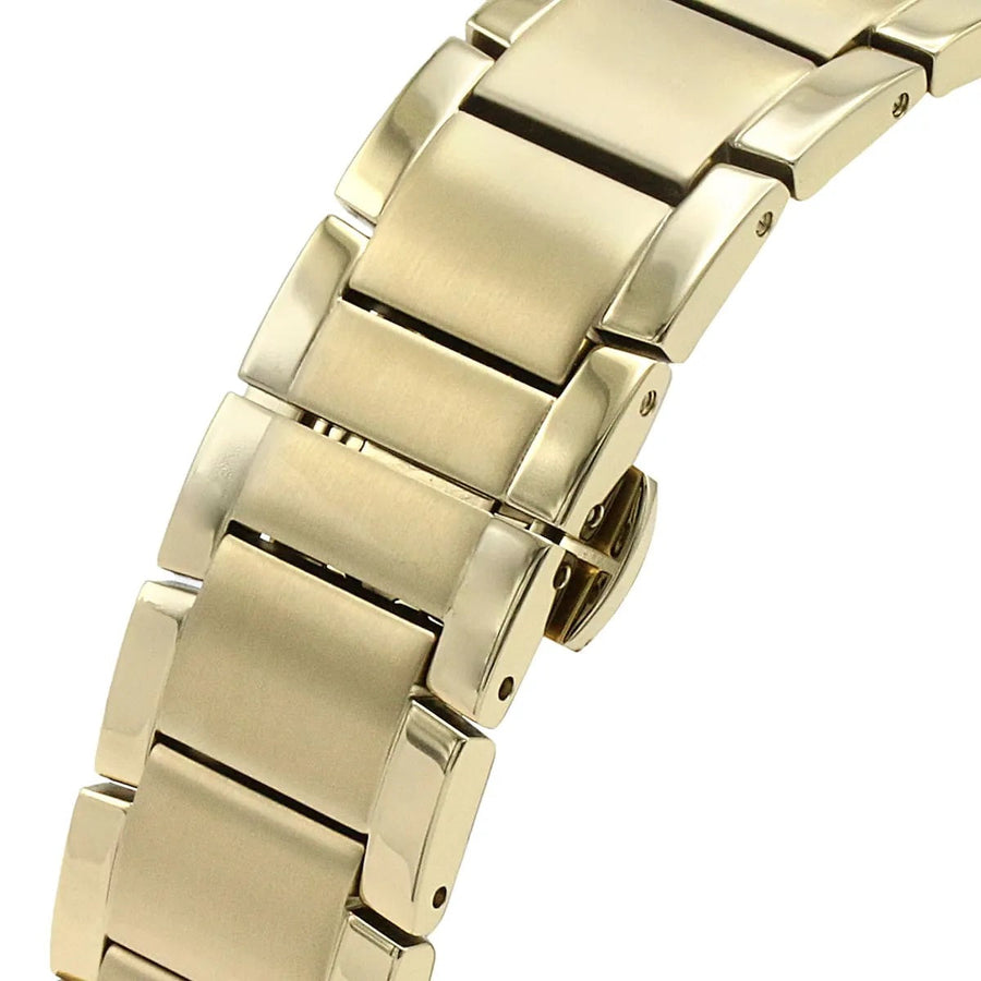Front view of Emporio Armani AR11332 men’s watch with elegant silver dial and gold strap
