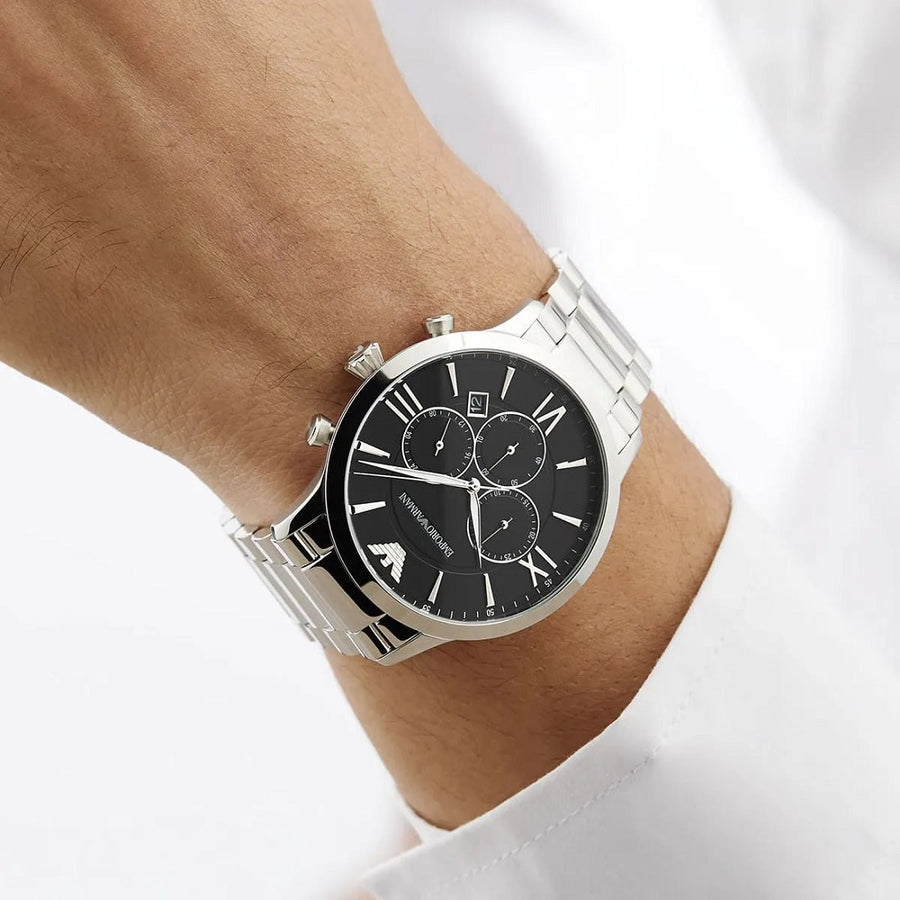 Front view of Emporio Armani AR11208 Giovanni men’s watch with sleek black dial and silver bracelet