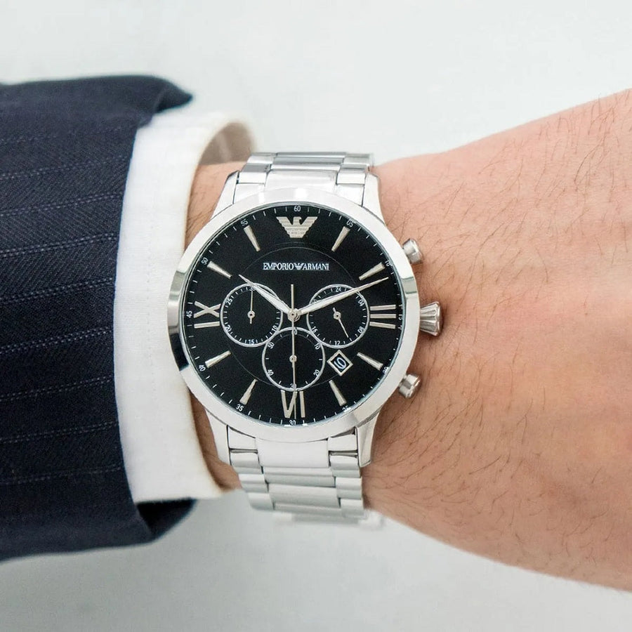 Front view of Emporio Armani AR11208 Giovanni men’s watch with sleek black dial and silver bracelet