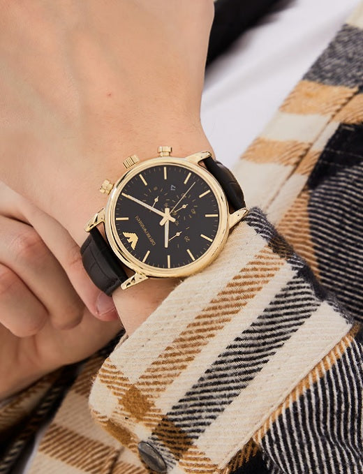 Emporio Armani AR1917 Mens Watch Black Leather Strap Black Dial