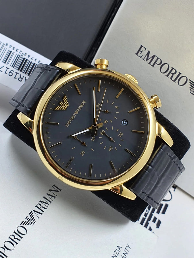 Emporio Armani AR1917 Mens Watch Black Leather Strap Black Dial