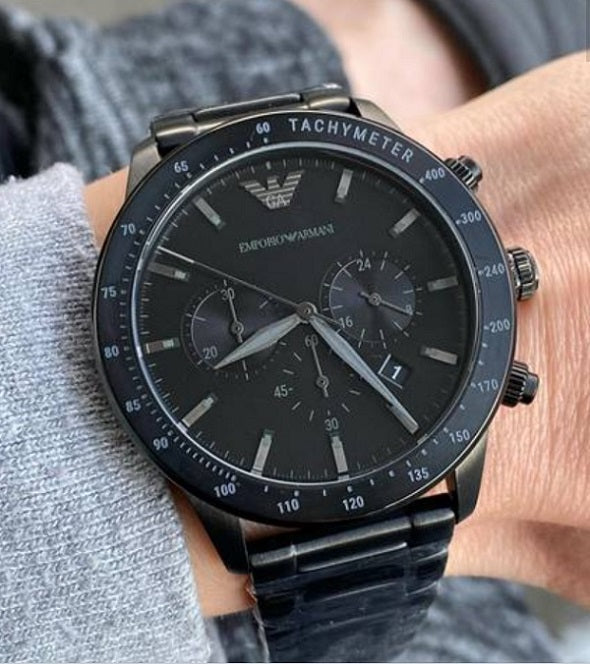 Front view of Emporio Armani AR11242 with black dial and stainless steel bracelet