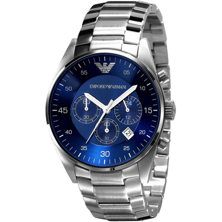 Front view of Emporio Armani AR5860 Retro men’s watch with stainless steel silver strap and blue dial