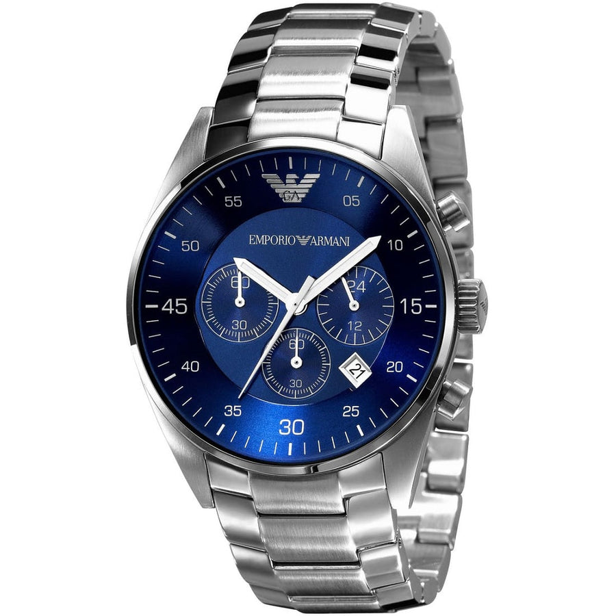 Front view of Emporio Armani AR5860 Retro men’s watch with stainless steel silver strap and blue dial