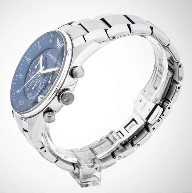 Front view of Emporio Armani AR5860 Retro men’s watch with stainless steel silver strap and blue dial