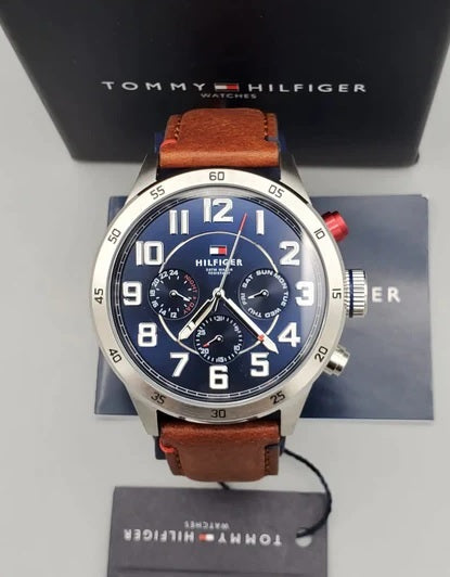 Tommy Hilfiger 1791066 Mens Watch Leather Brown Strap With Blue Dial