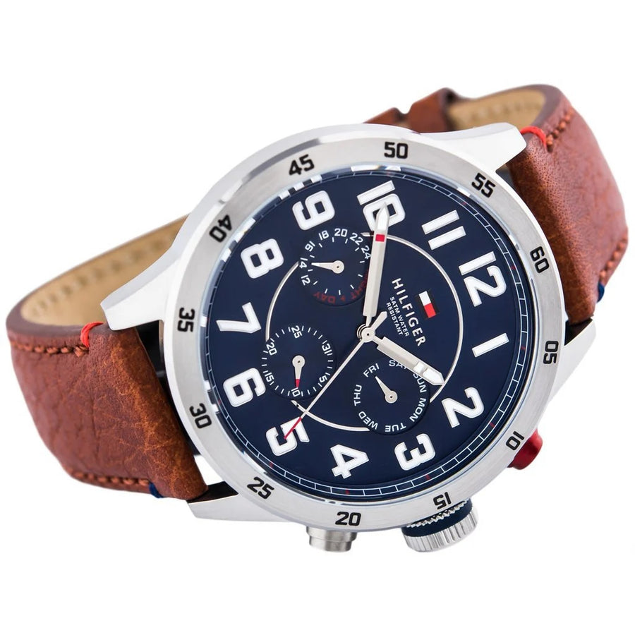 Tommy Hilfiger 1791066 Mens Watch Leather Brown Strap With Blue Dial