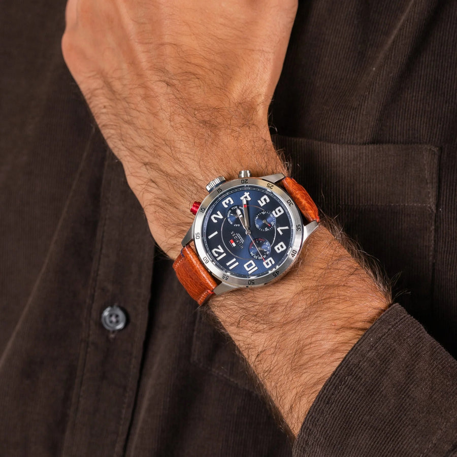 Tommy Hilfiger 1791066 Mens Watch Leather Brown Strap With Blue Dial