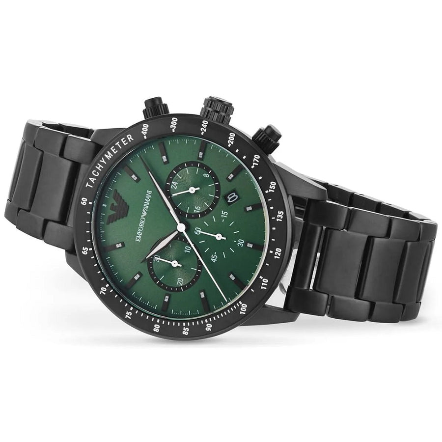 Front view of Emporio Armani AR11472 featuring vibrant green dial and black strap