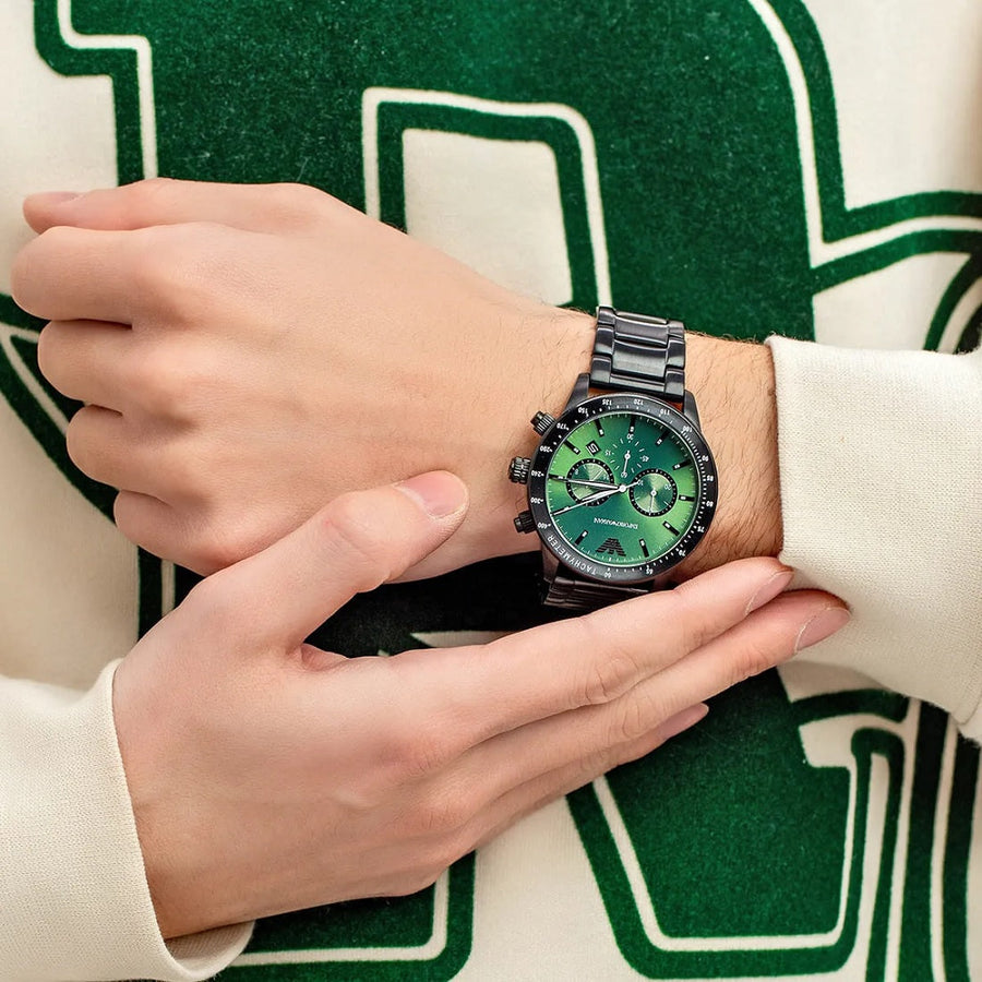 Front view of Emporio Armani AR11472 featuring vibrant green dial and black strap