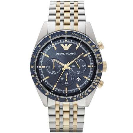 Front view of Emporio Armani AR6088 Tazio men’s watch with navy blue dial and two-tone silver and gold-tone strap