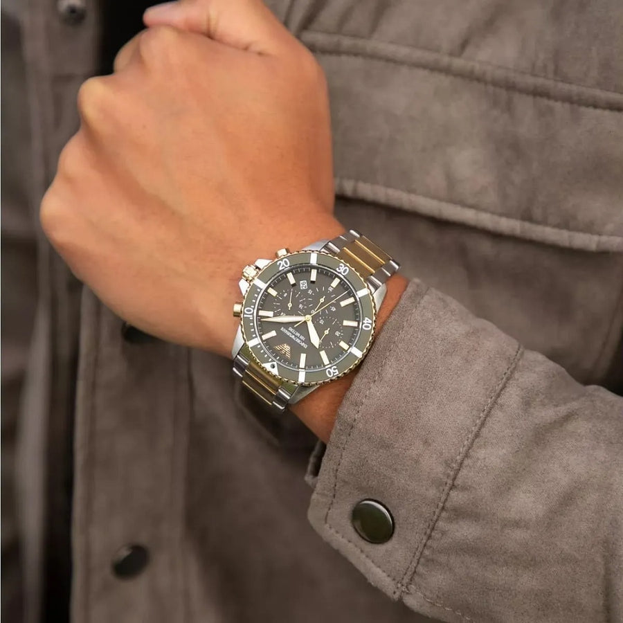 Emporio Armani Ar11361 Gold & Silver Stainless Steel Strap With Green Dial Watch For Men