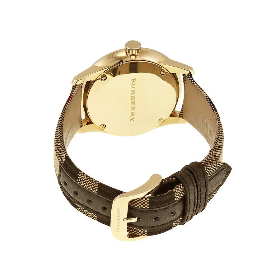 Front view of Burberry BU10001 men's watch with leather multicolour strap, gold dial, and gold case from The City collection