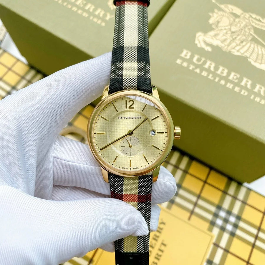 Front view of Burberry BU10001 men's watch with leather multicolour strap, gold dial, and gold case from The City collection