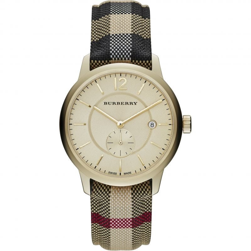 Front view of Burberry BU10001 men's watch with leather multicolour strap, gold dial, and gold case from The City collection