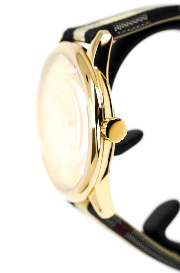 Front view of Burberry BU10001 men's watch with leather multicolour strap, gold dial, and gold case from The City collection