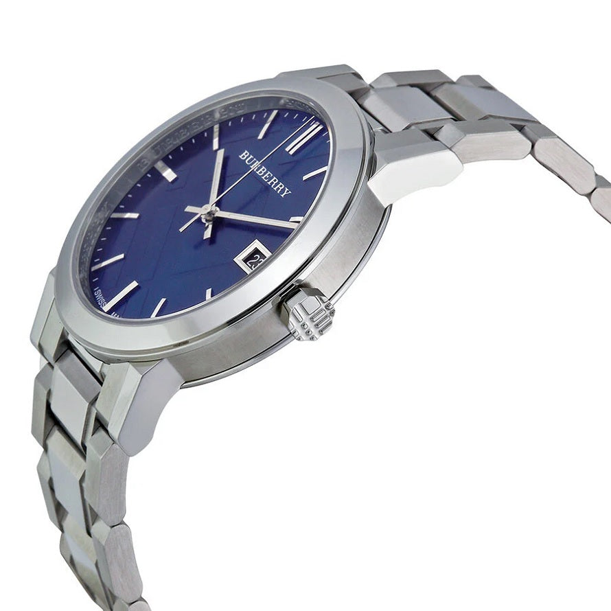 Front view of Burberry BU9031 The City watch with silver strap and blue dial