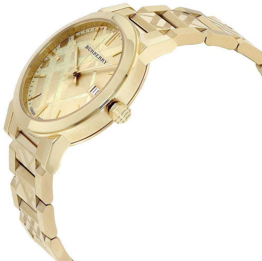 Front view of Burberry BU9038 unisex gold stainless steel watch with matching gold dial