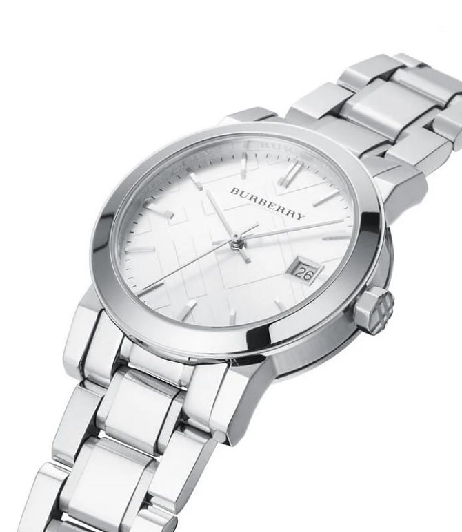 Elegant front view of Burberry BU9100 The City women’s watch with silver stainless steel strap and dial