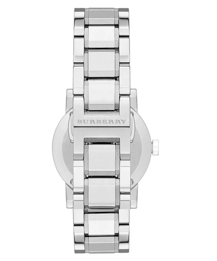 Front view of Burberry Women’s BU9220 silver stainless steel watch with crystal accents