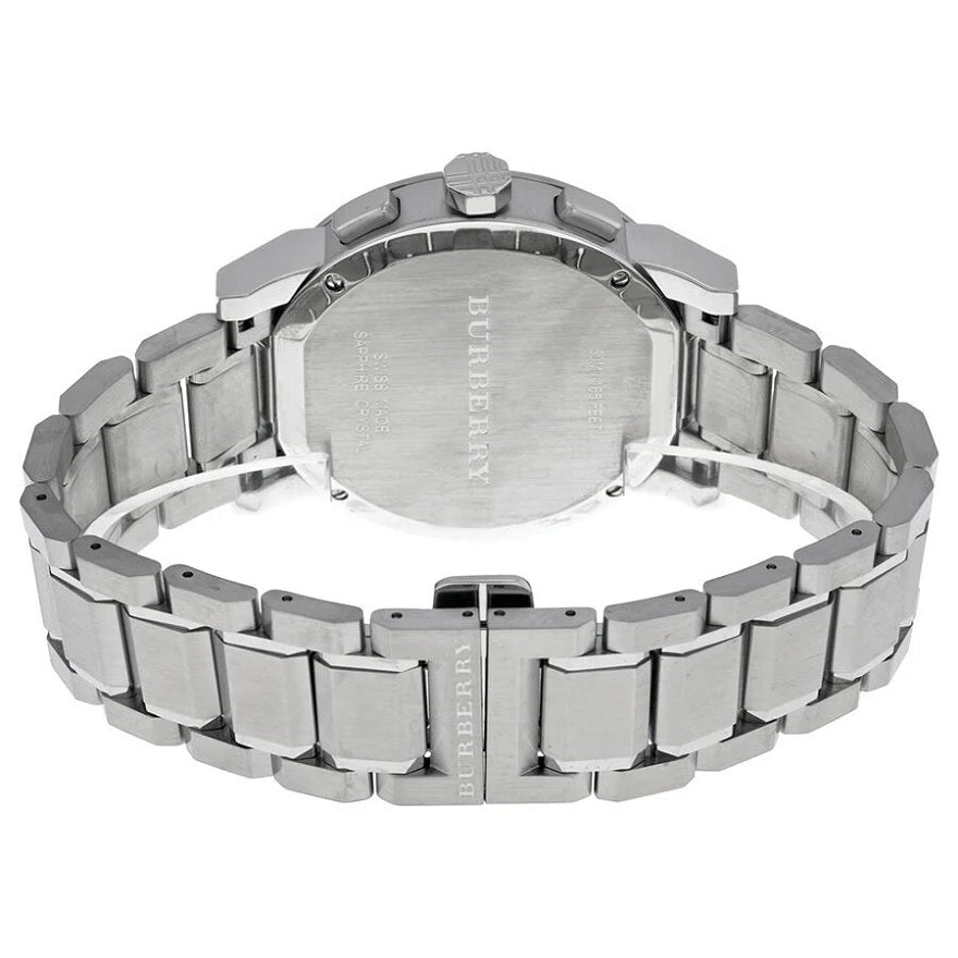 Front view of Burberry BU9350 The City men’s watch with stainless steel silver strap and silver dial