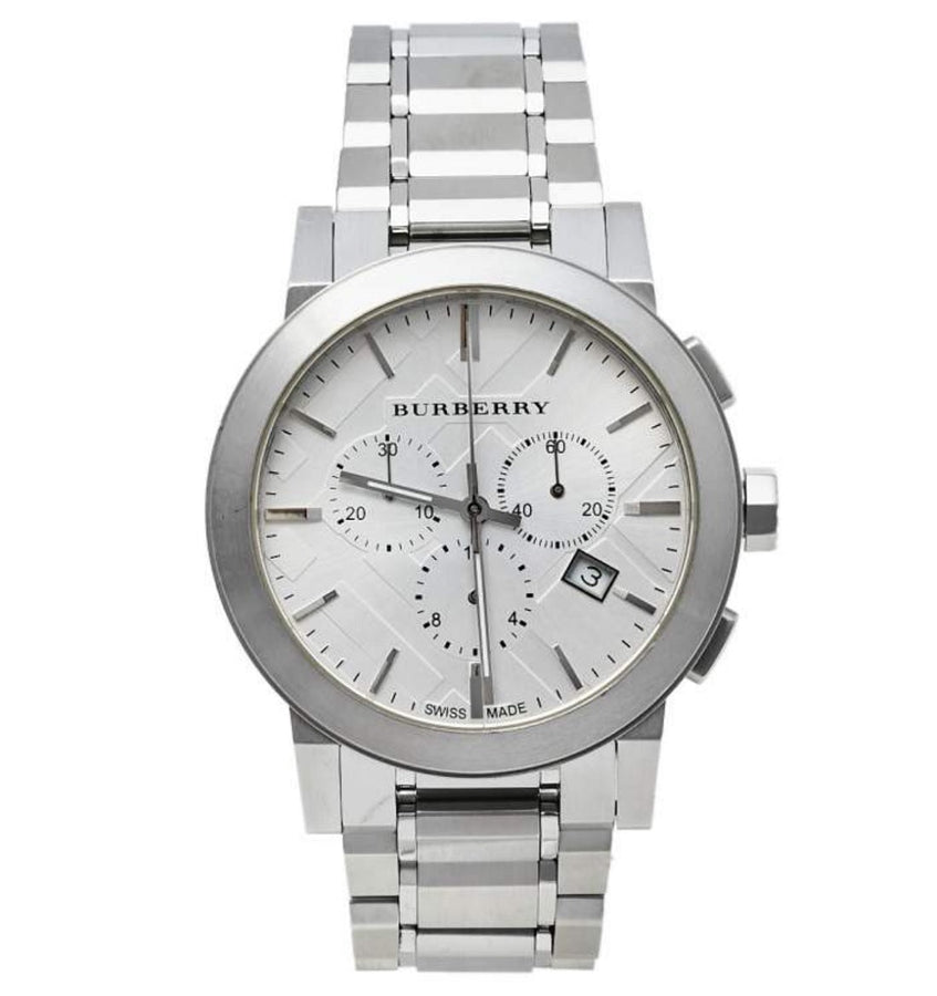 Front view of Burberry BU9350 The City men’s watch with stainless steel silver strap and silver dial