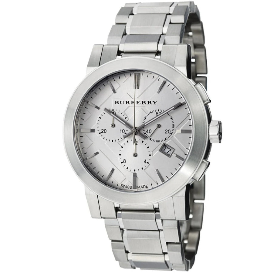 Front view of Burberry BU9350 The City men’s watch with stainless steel silver strap and silver dial