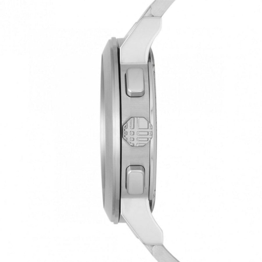 Front view of Burberry BU9350 The City men’s watch with stainless steel silver strap and silver dial
