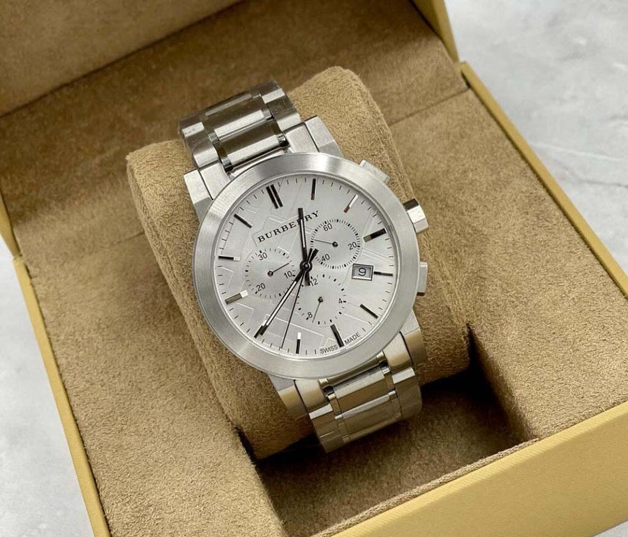 Front view of Burberry BU9350 The City men’s watch with stainless steel silver strap and silver dial
