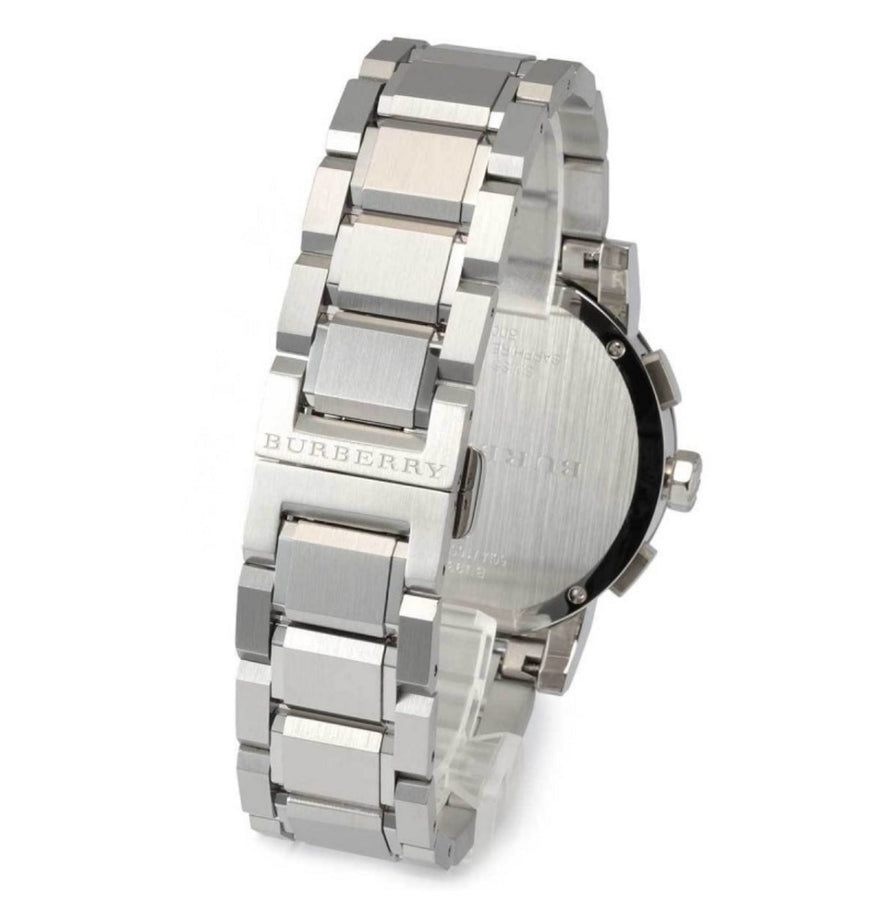 Front view of Burberry BU9351 The City men’s watch with silver stainless steel bracelet and black dial